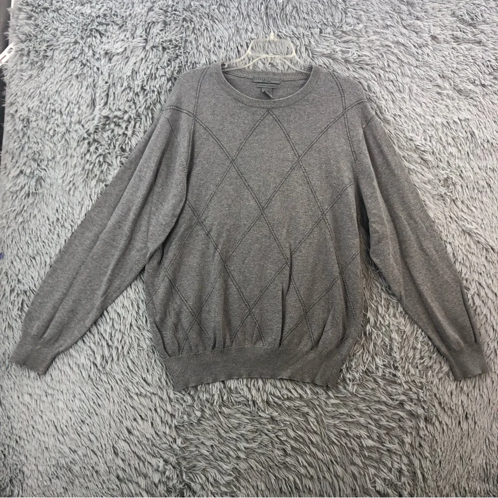 Geoffrey Beene Sweater XL Cashmere Cotton Gray Diamond Crew Neck Long Sleeve